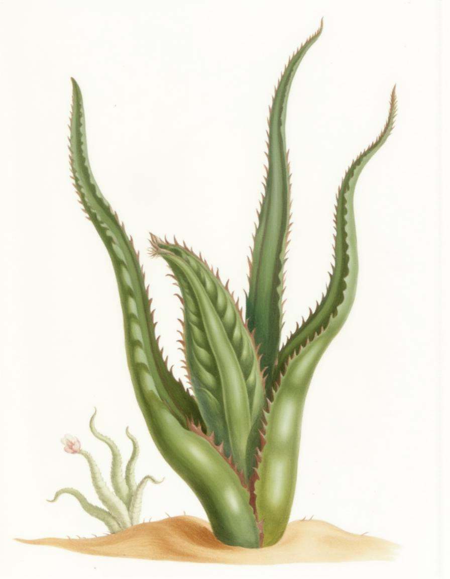 a bontanica style illustration,  Aloe vera with thick,  spiky leaves on Tensor.Art