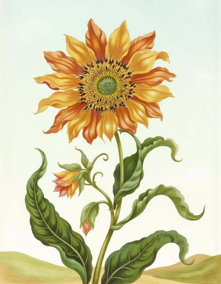 a bontanica style illustration,  Single sunflower facing the sky on Tensor.Art