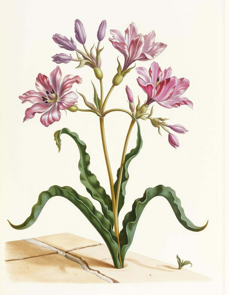 a bontanica style illustration,  a flower growing out of a crack in a sidewalk,  Cluster of blooming lavender on Tensor.Art