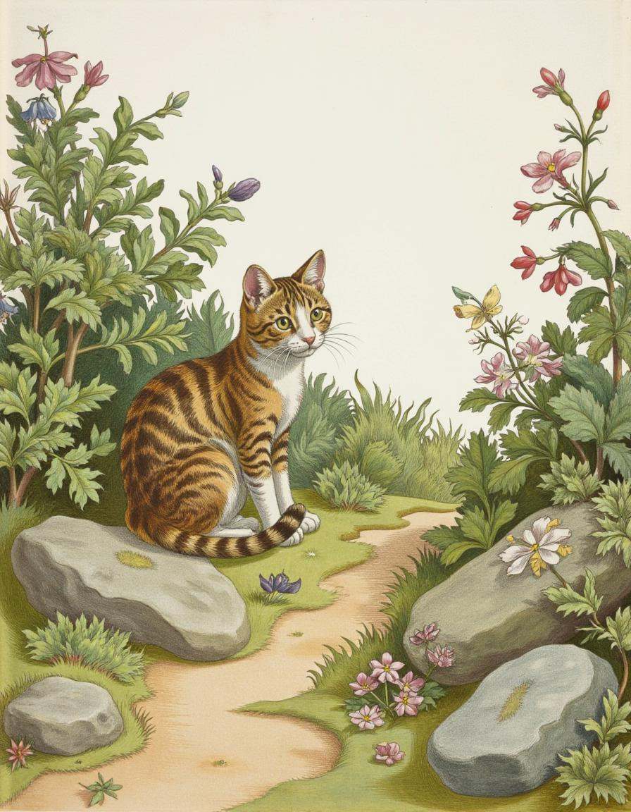 a bontanica style illustration,  a cat hiding in the bushes,  Moss-covered rocks with tiny flowers on Tensor.Art