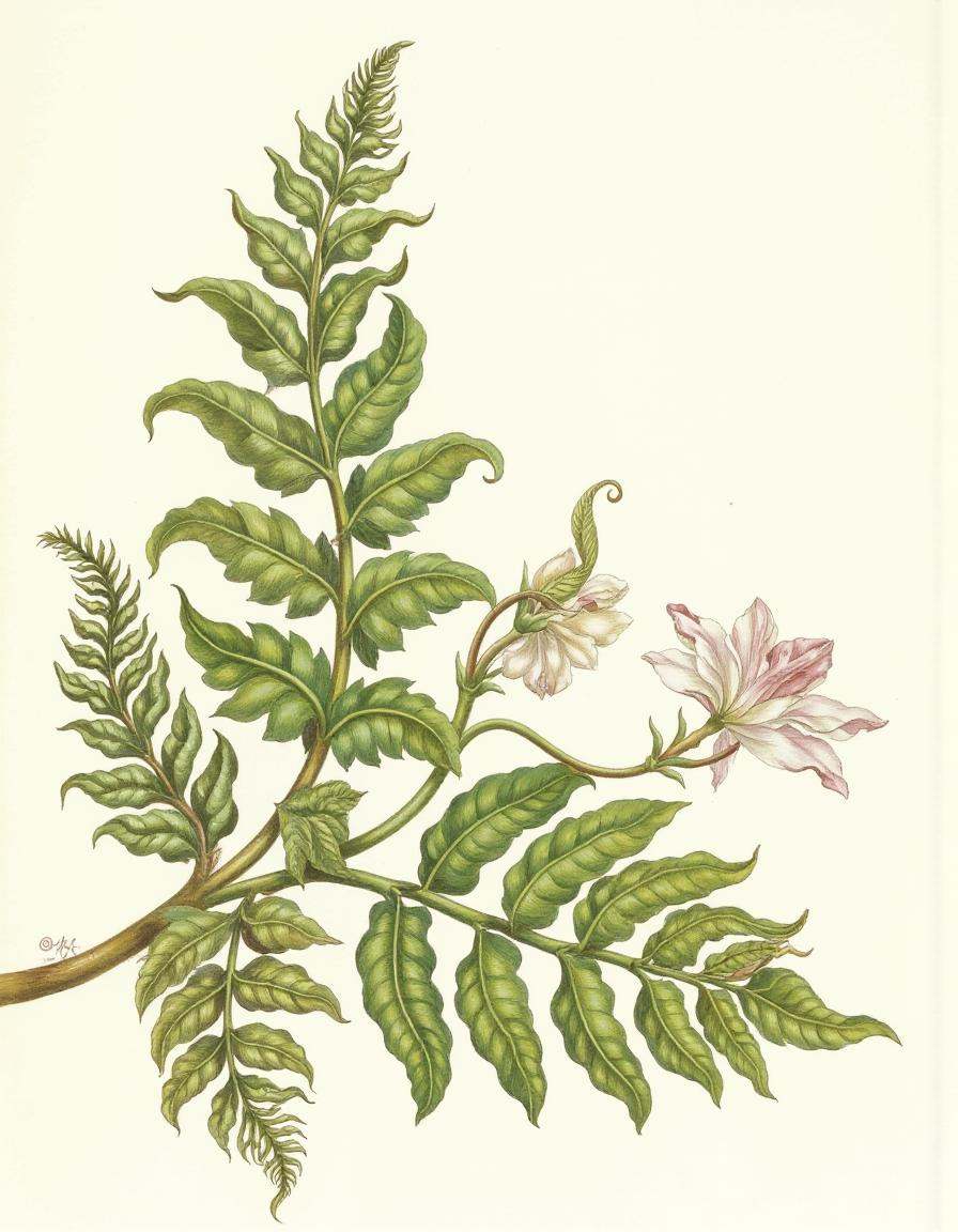 a bontanica style illustration,  Fern leaves unfurling on Tensor.Art