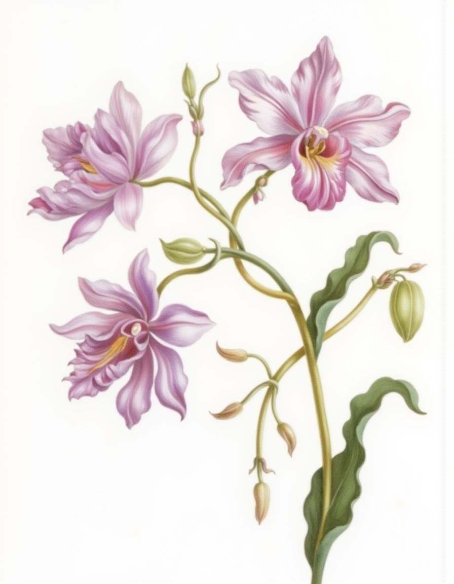 a bontanica style illustration,  Orchids with delicate purple petals on Tensor.Art