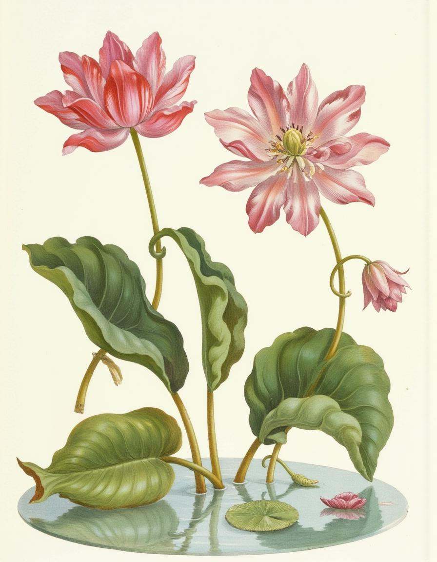 a bontanica style illustration,  Blooming lotus flowers on still water on Tensor.Art