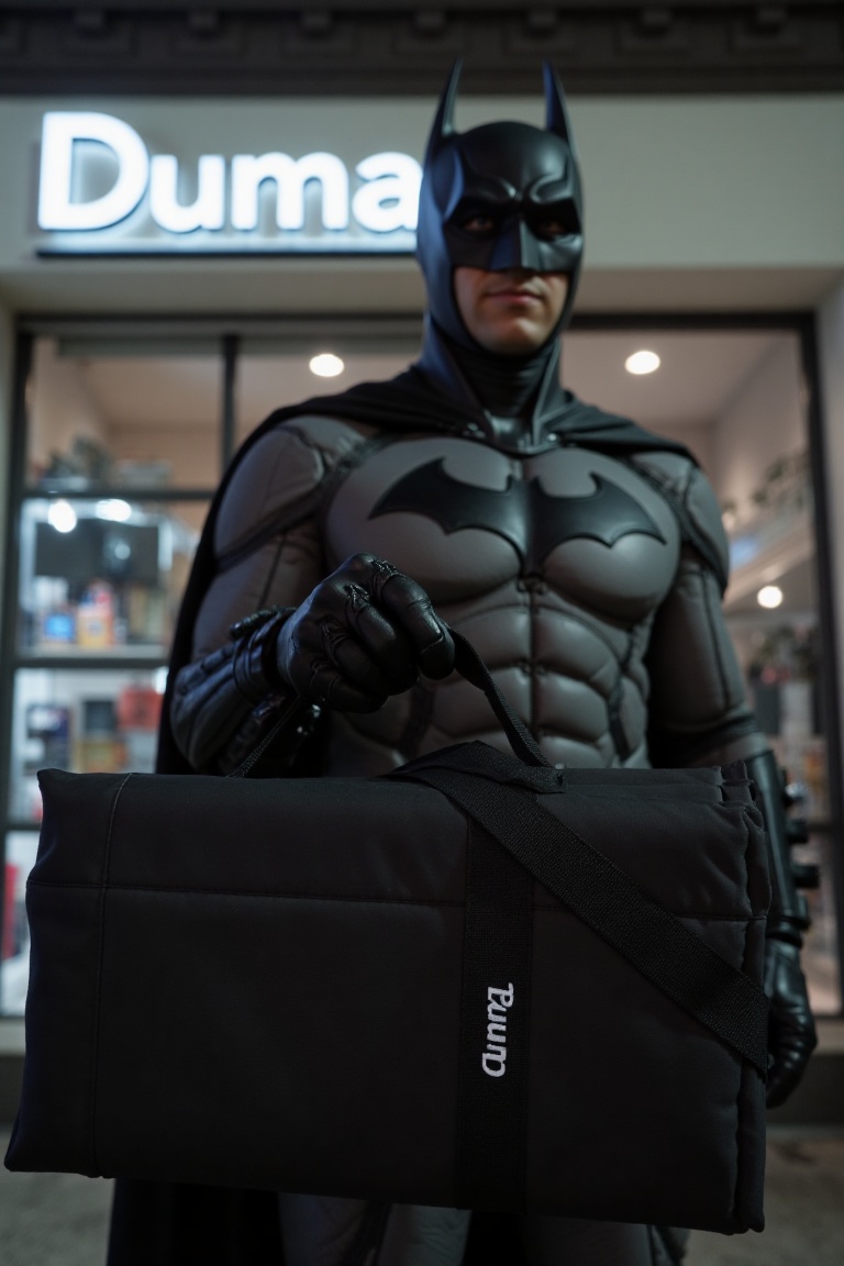 Batman hold a black rectangular duma bag with strap handle. The bag has the word "Duma" written on it in white text. in fr...