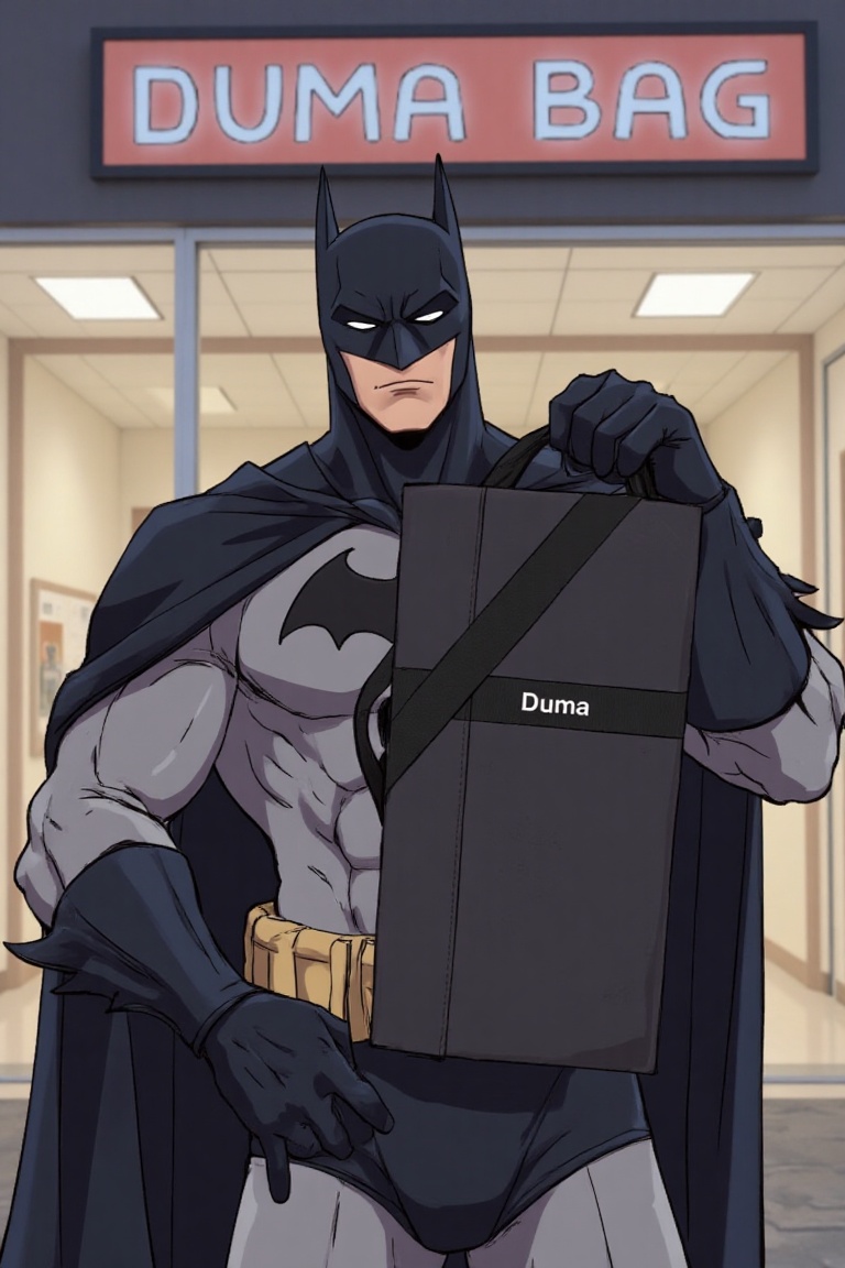 Batman hold vertically a black rectangular duma bag. The bag has the word "Duma" written on it in white text. in front of...