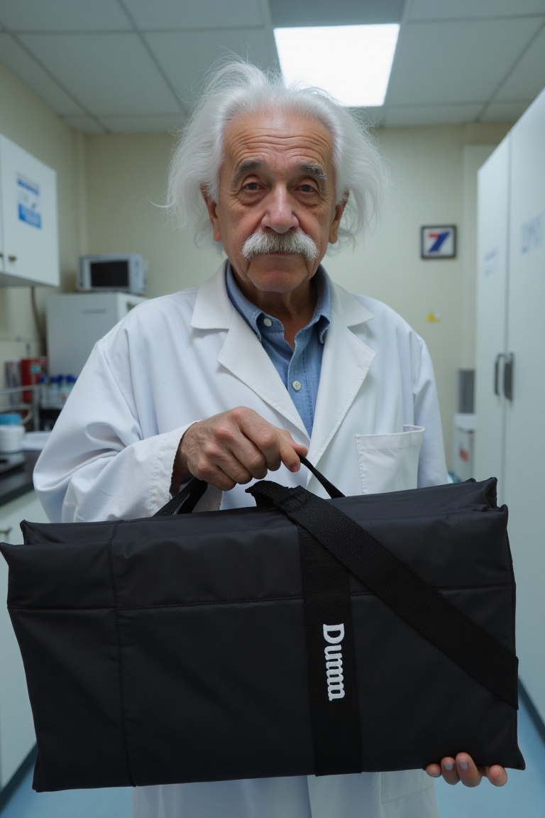 Albert einstein hold a black rectangular duma bag with strap handle. The bag has the word "Duma" written on it in white te...