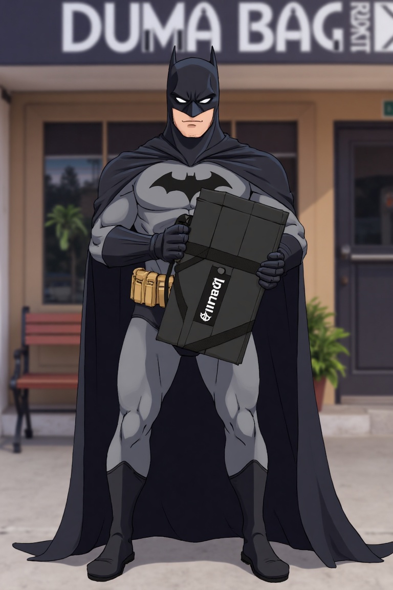 Batman hold vertically a black rectangular duma bag. The bag has the word "Duma" written on it in white text. in front of...