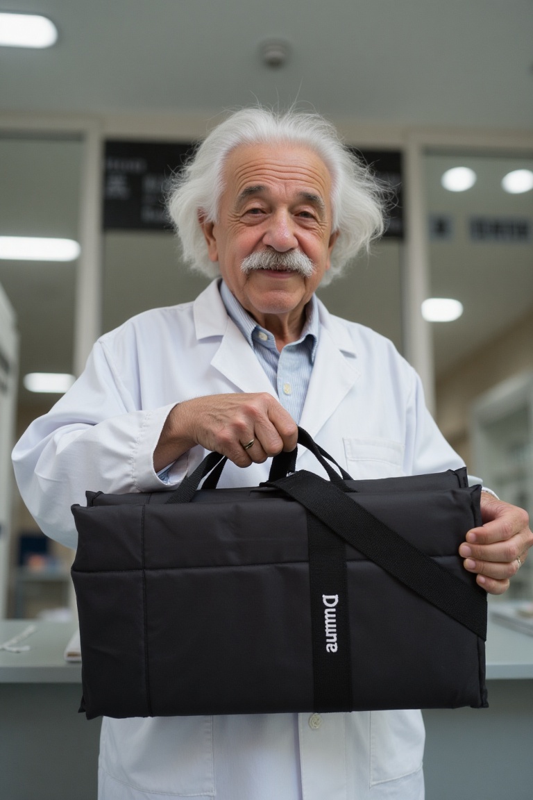 Albert einstein hold a black rectangular duma bag with strap handle. The bag has the word "Duma" written on it in white te...