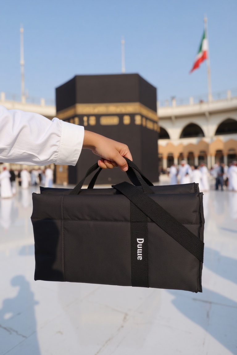 Pov view with one hand wearing white long sleeve jacket hold a black rectangular duma bag with strap handle. The bag has t...