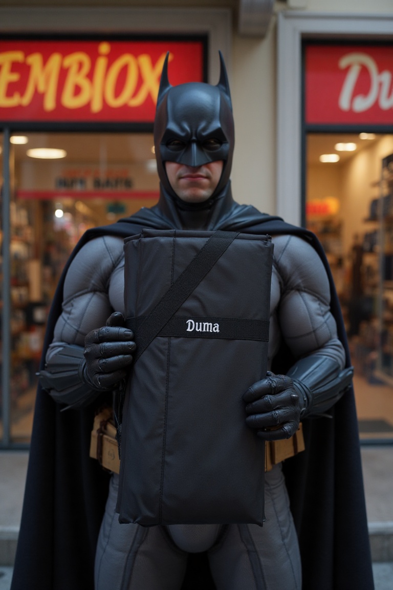 Batman hold vertically a black rectangular duma bag. The bag has the word "Duma" written on it in white text. in front of...