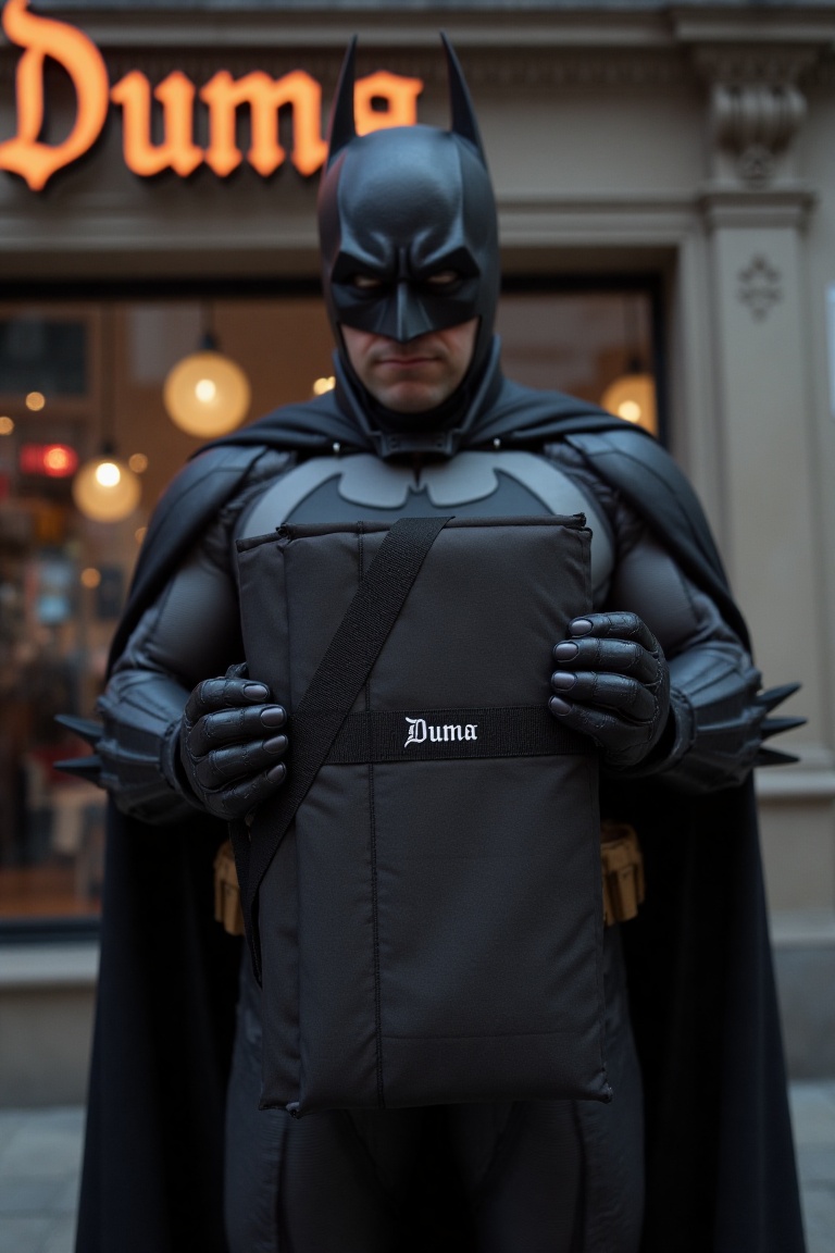 Batman hold vertically a black rectangular duma bag. The bag has the word "Duma" written on it in white text. in front of...