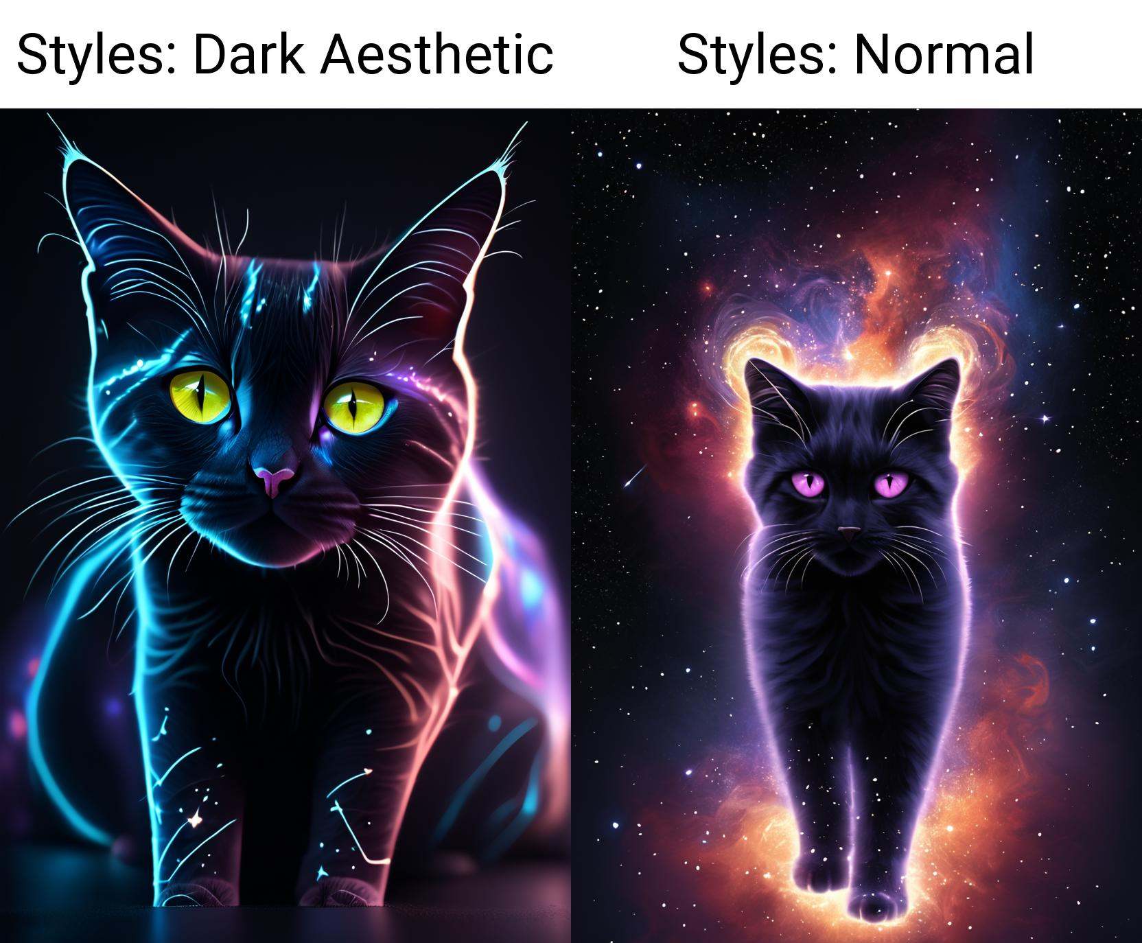 A cosmic cat floating weightlessly in deep space,  its fur interwoven with constellations and galaxies. Bright,  glowing n...