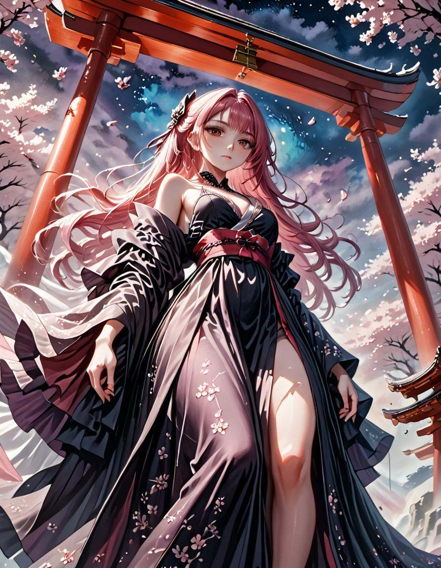 Beautiful girl with long pink hair,  wearing a traditional kimono,  standing under a torii gate with cherry blossoms falli...