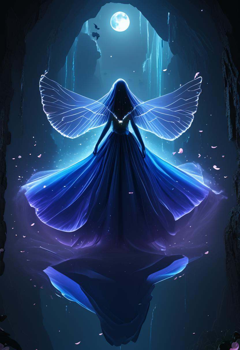 An ethereal dancer mid-leap,  her body framed by a cascade of petals falling from above. Her dress is made of translucent...