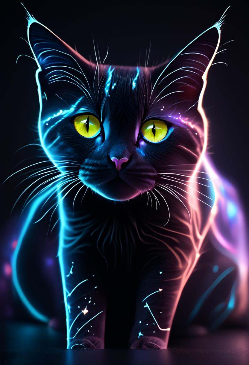 A cosmic cat floating weightlessly in deep space,  its fur interwoven with constellations and galaxies. Bright,  glowing n...