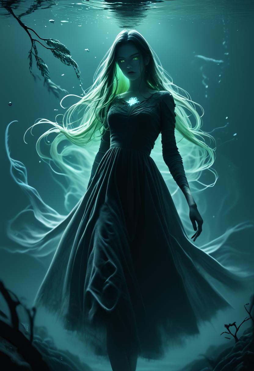 a spectral woman in a tattered white dress,  gliding over the surface of a blackened lake,  her eyes glowing faintly on Te...