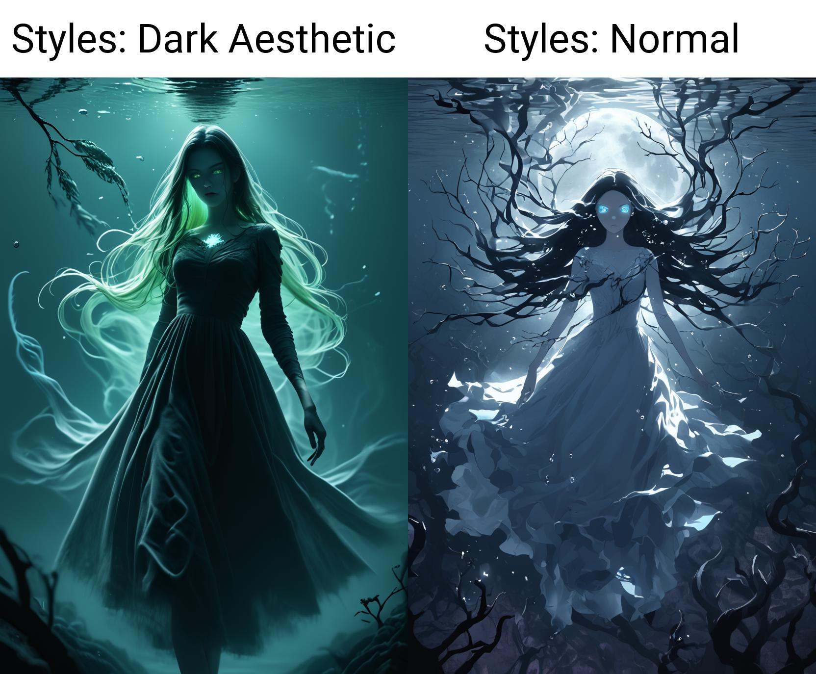 a spectral woman in a tattered white dress,  gliding over the surface of a blackened lake,  her eyes glowing faintly on Te...