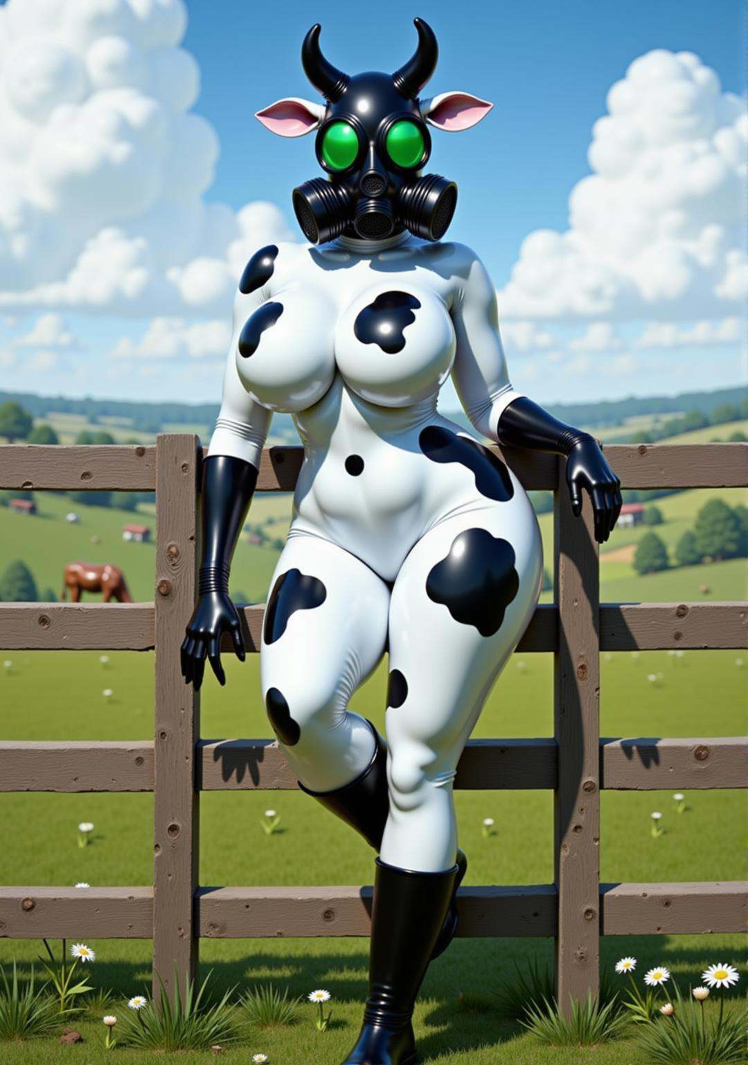 a female latexcow with white latex skin and black cow spots wearing a black gas mask with green tinted lenses,  gloves,  a...