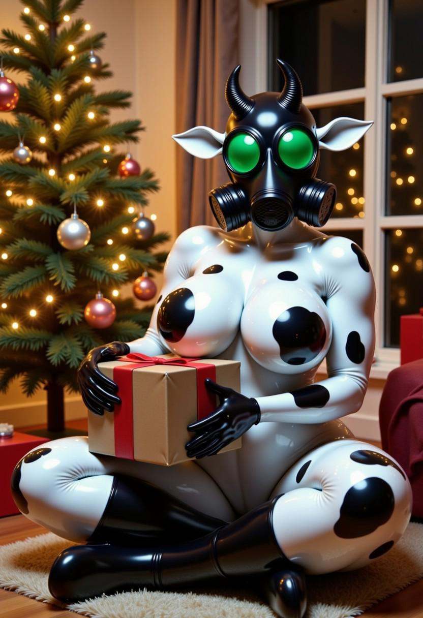 an athletic and curvy and bald female latexcow with white latex skin and black cow spots wearing a full black gas mask wit...