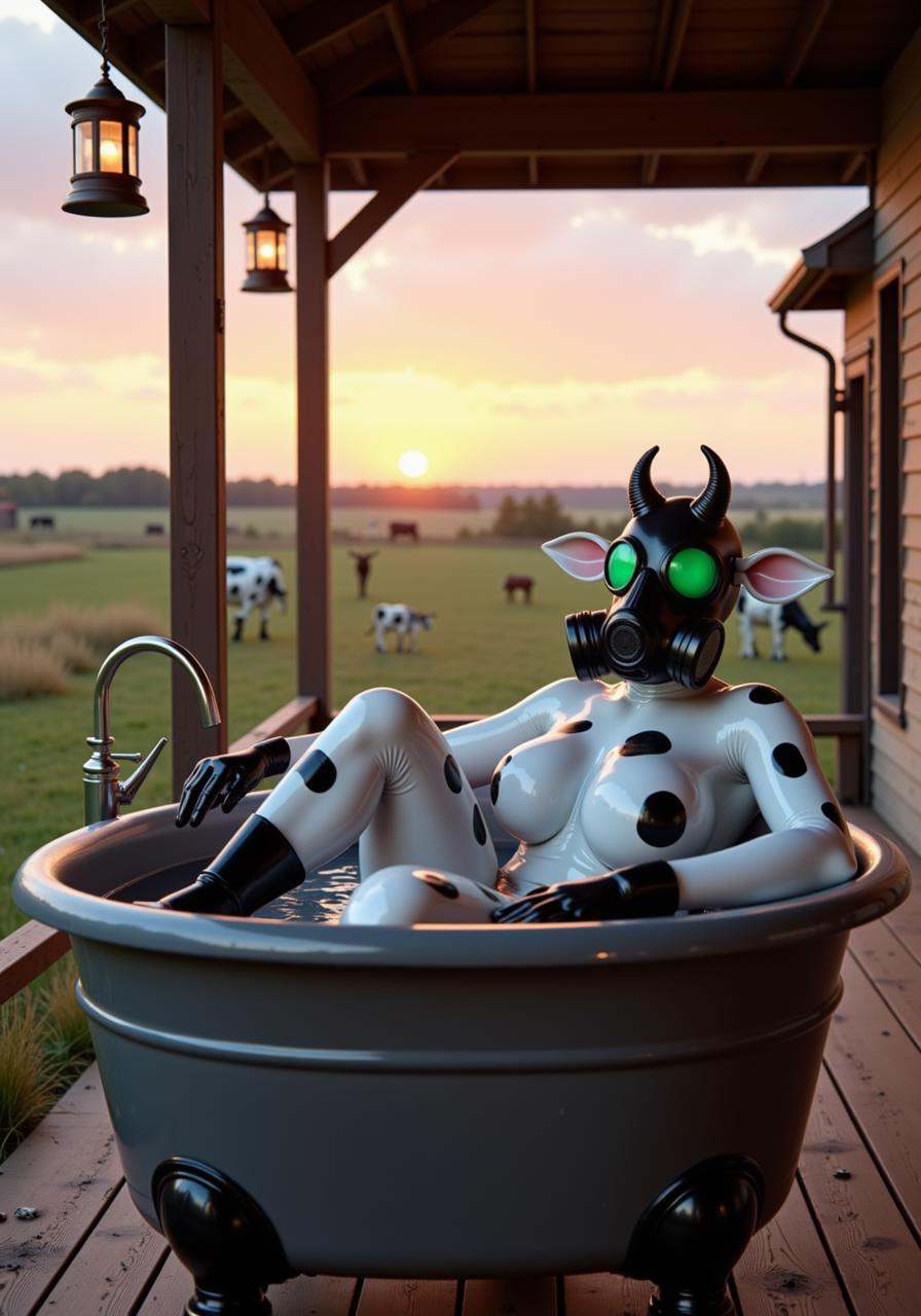 a female latexcow with white latex skin and black cow spots,  wearing a black gas mask with green tinted lenses,  gloves o...