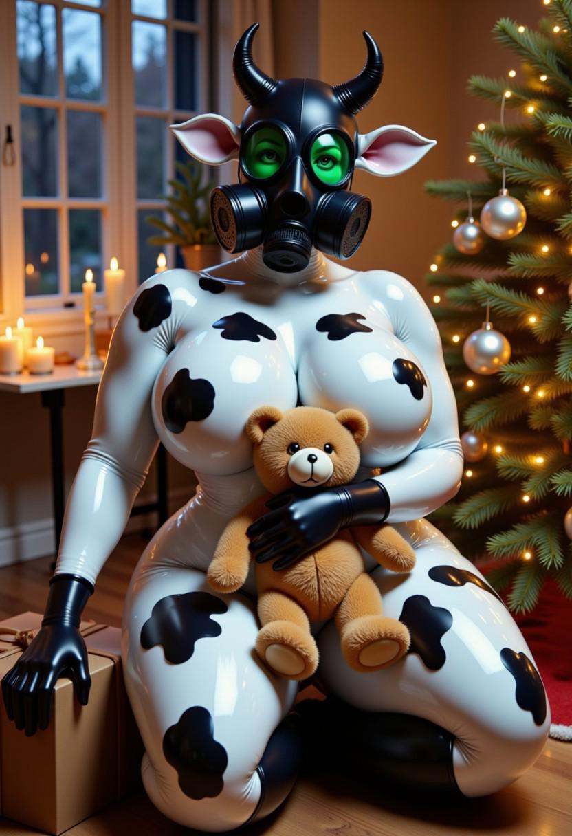 an athletic and curvy and bald female latexcow with white latex skin and black cow spots wearing a full black gas mask wit...
