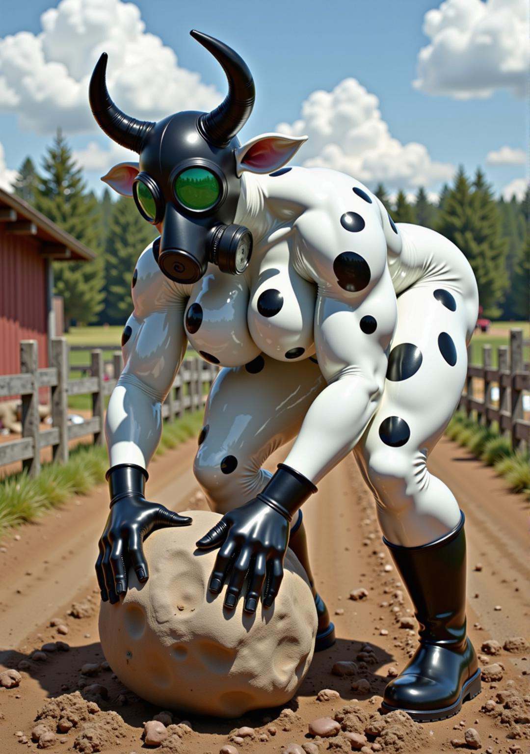an extremely muscular female latexcow with white latex skin and black cow spots,  wearing a black gas mask with green tint...