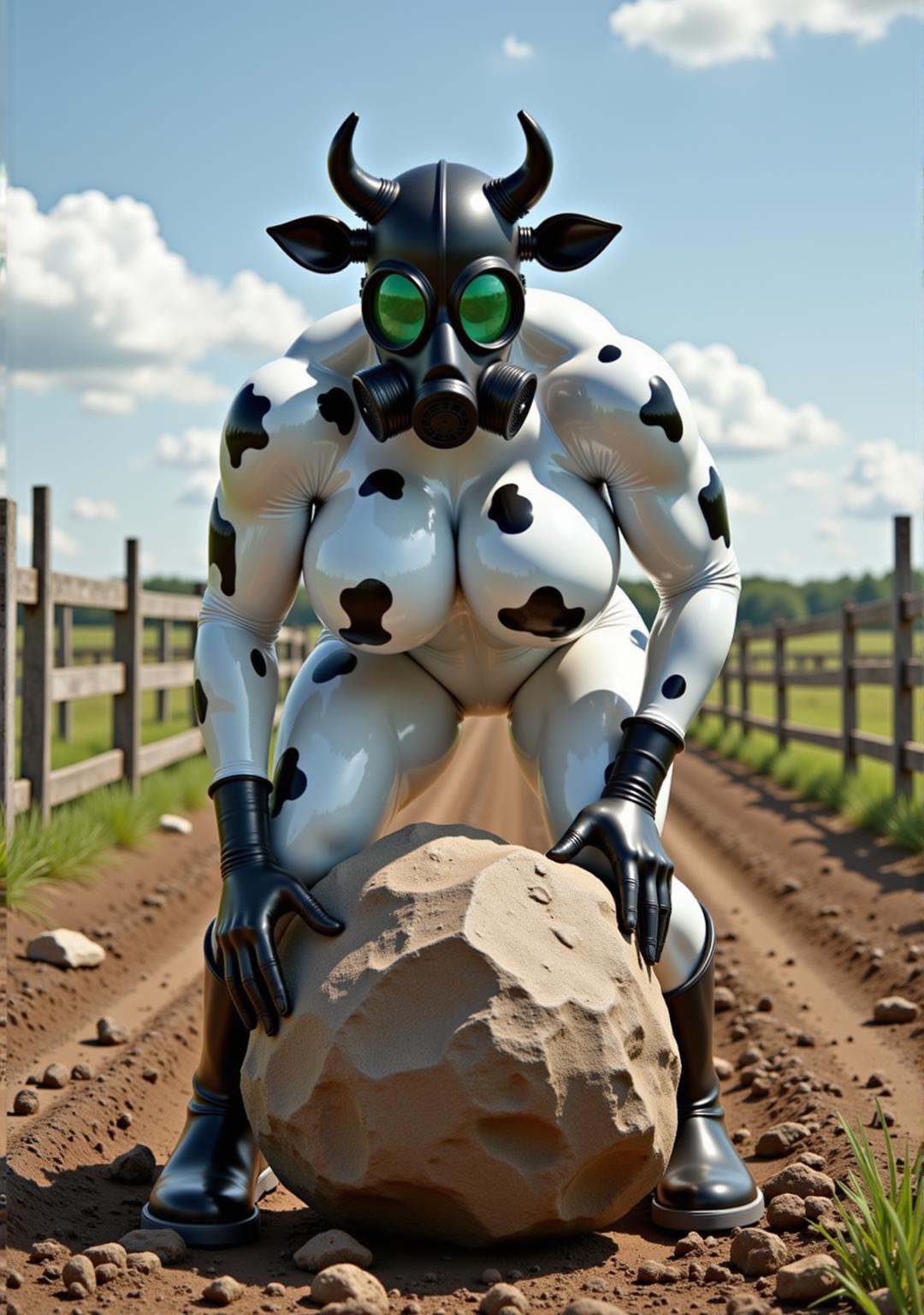 an extremely muscular female latexcow with white latex skin and black cow spots,  wearing a black gas mask with green tint...