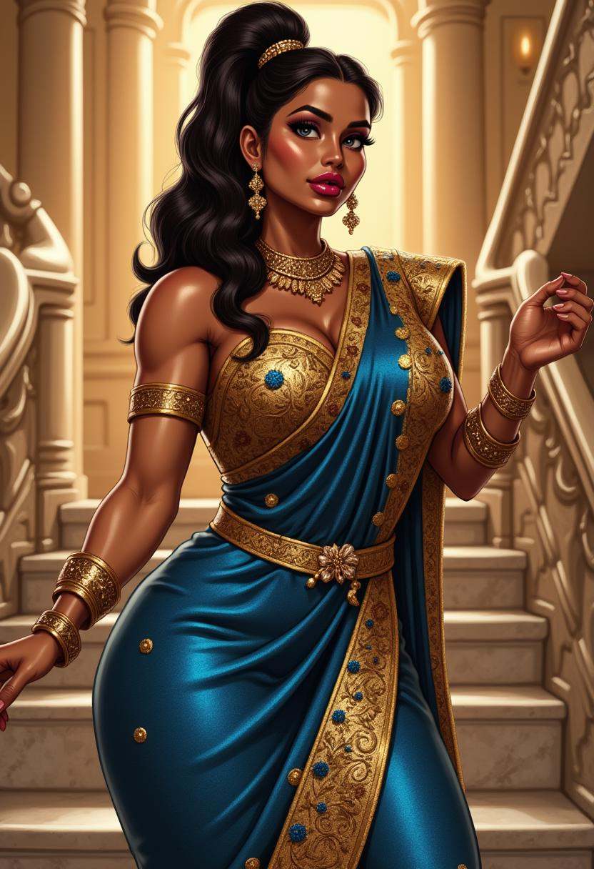 Busty indian woman in bimbofusion artstyle with an hourglass body,  small waist,  and wide hips with a big ass on Tensor.Art