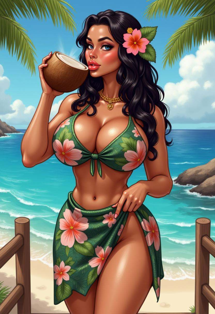 Busty Hawaiian woman in bimbofusion artstyle with an hourglass body,  small waist,  and wide hips with a big ass on Tensor...