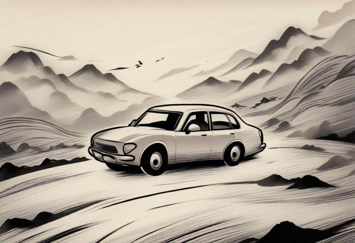 sumi-e,  breathtaking japanese painting of a car,  on road on Tensor.Art