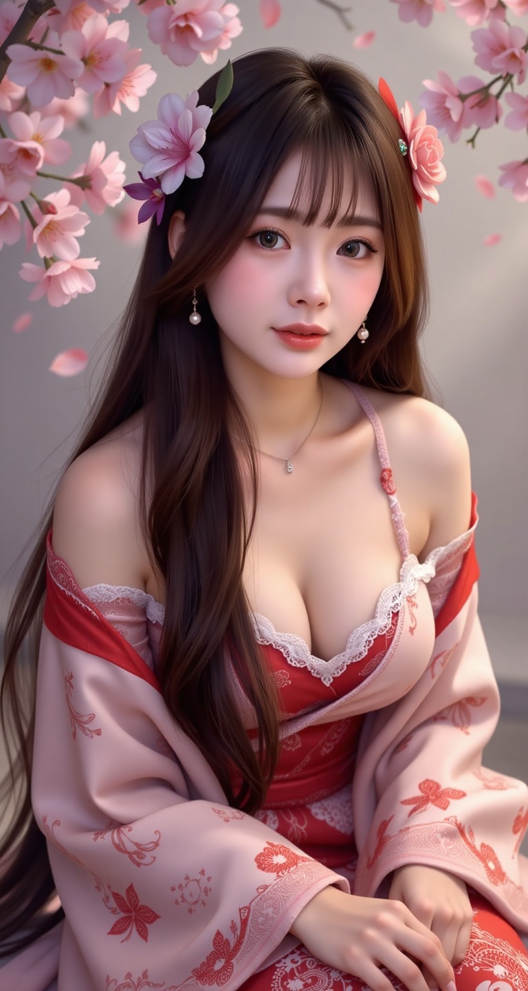 A stunning young Korea woman 1girl solo long hair breasts looking at viewer blush bangs large breasts black hair hair orna...