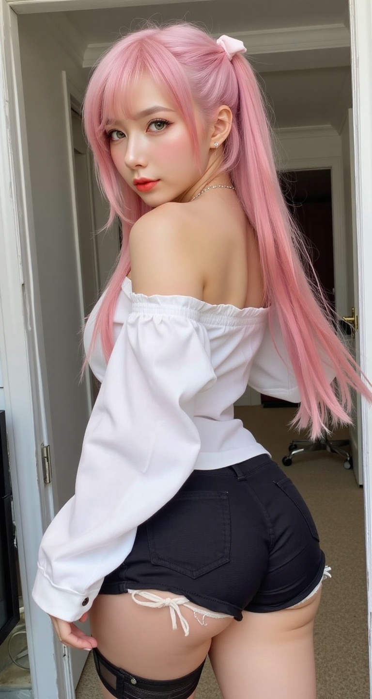 A solo girl with long hair and large breasts,  wearing a white shirt with off-shoulder design,  indoors. She has pink hair...