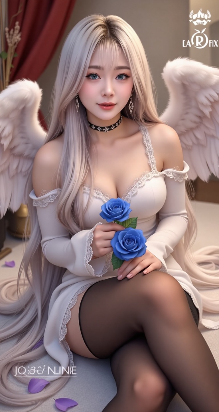A stunning young Korea woman 1girl solo long hair breasts looking at viewer smile blue eyes large breasts long sleeves dre...