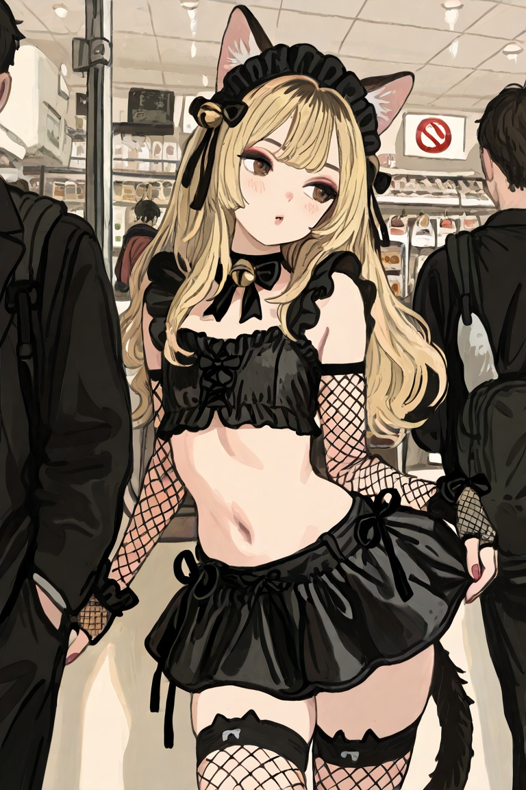 newest,  late,  3boys animal_ears bell black_hair blonde_hair bow bowtie brown_hair cat_ears cat_tail crop_top crossdressi...