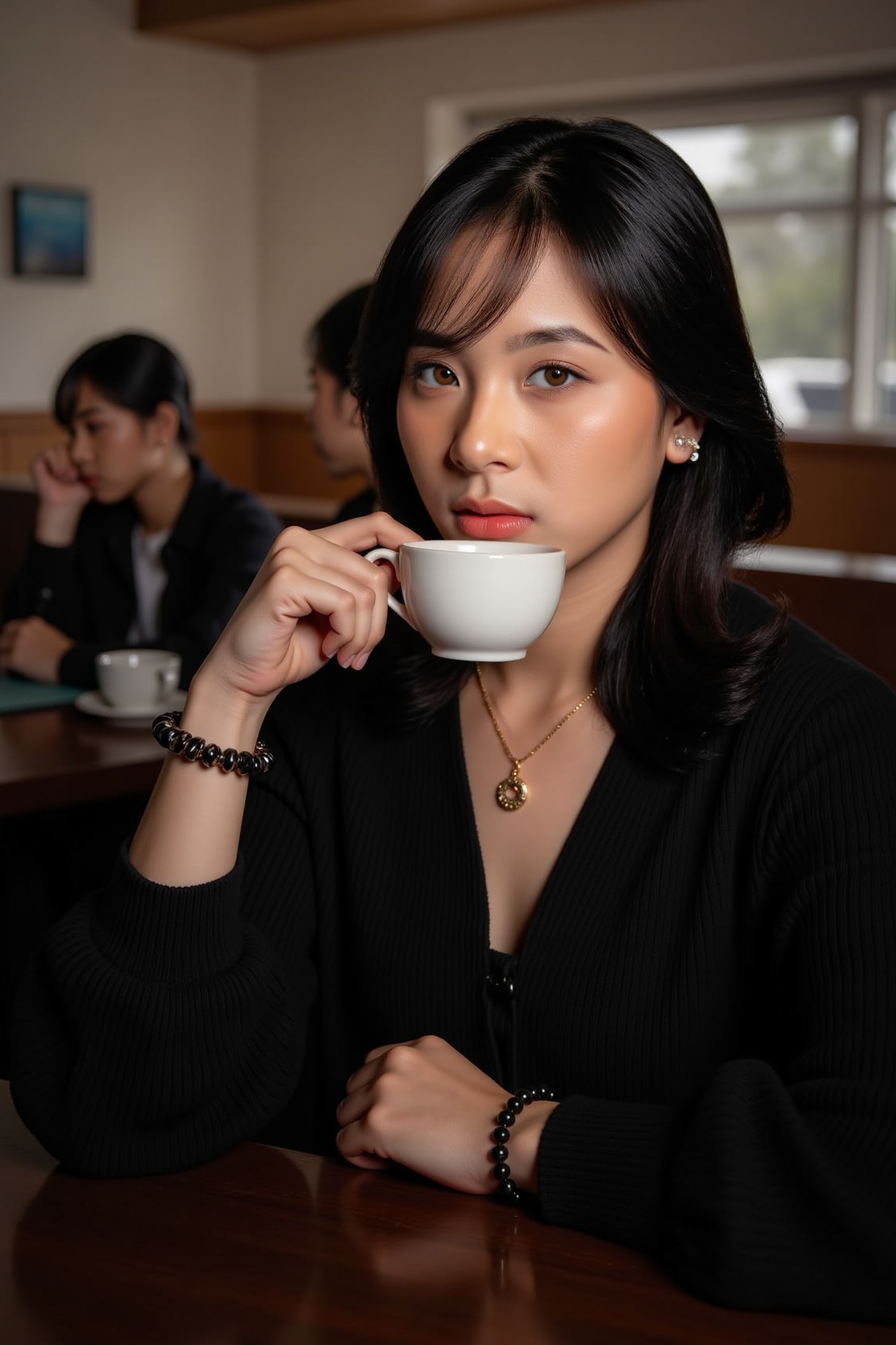 A young woman with a striking necklace and matching bracelet sits alone at a cozy indoor restaurant table,  surrounded by...