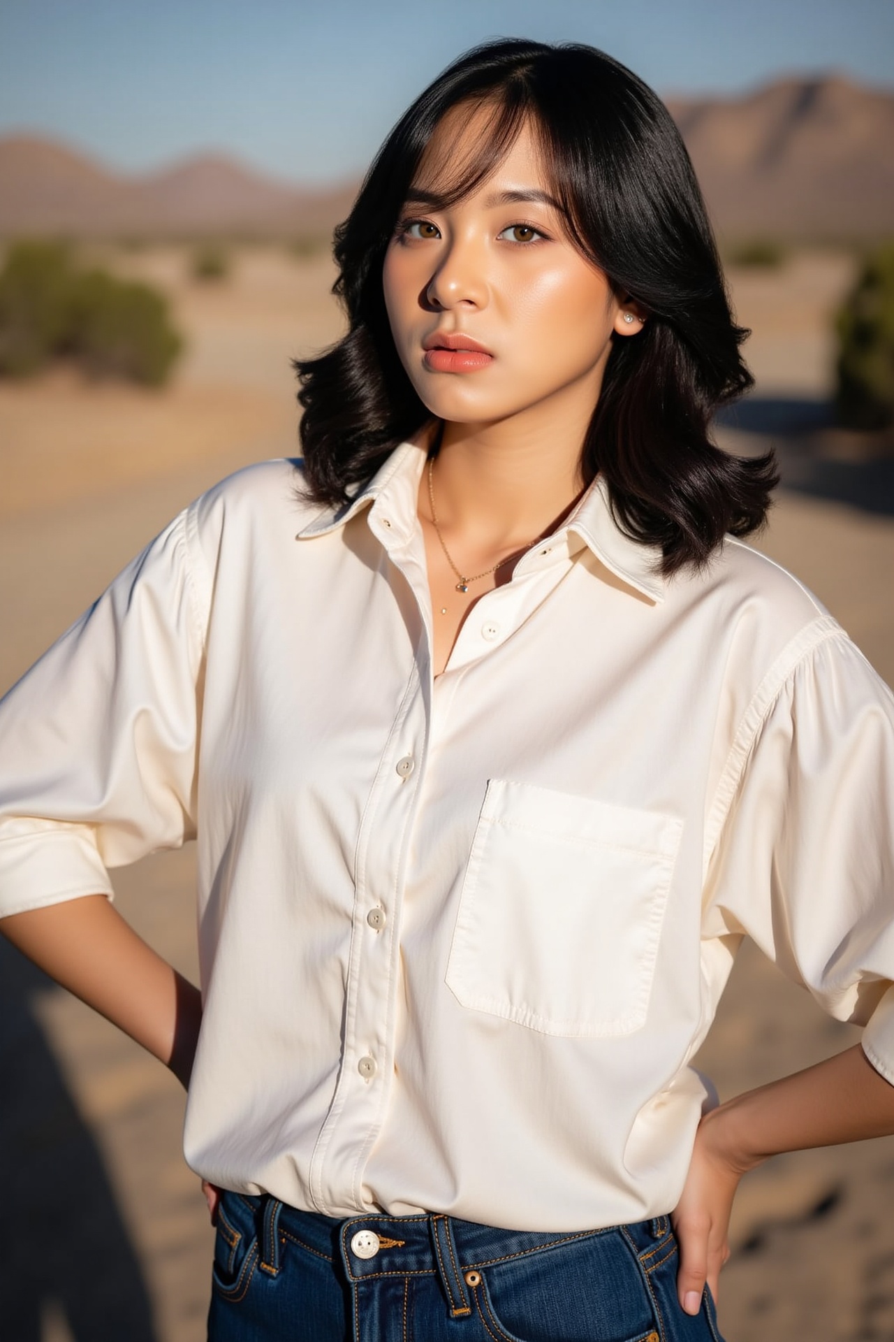 A young woman stands confidently in a cowboy pose,  her gaze directly addressing the viewer. She wears a crisp white shirt...