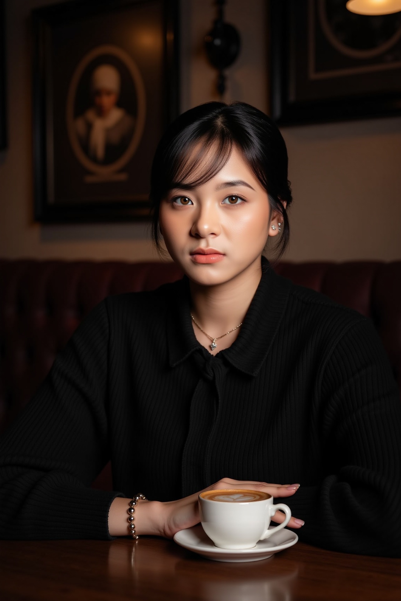 A young woman sits solo in a cozy cafe,  her gaze directed straight into the camera's lens as she flashes a warm,  invitin...