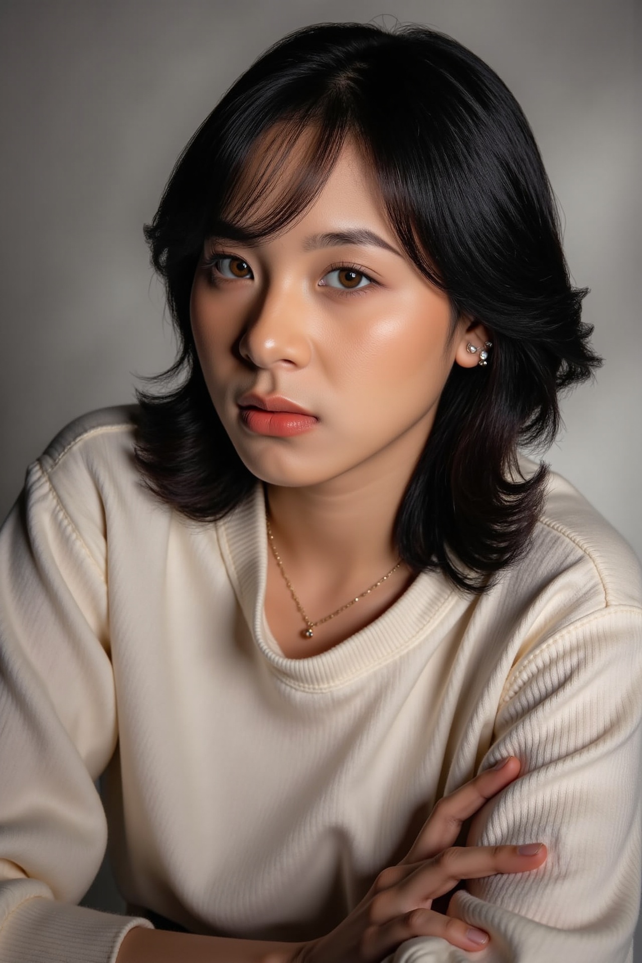 A portrait photo of young woman Zee. She is looking at the viewer with bright and loving eyes She is leaning forwardal. ve...