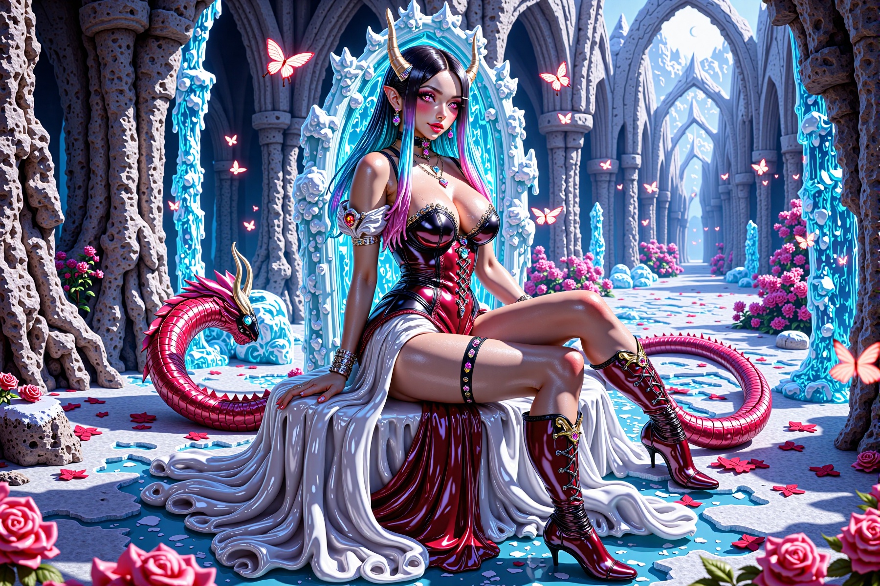 Scene: The Crimson Frost Dragon’s Hollow ((A girl half-body angle,  dynamic pose,  dramatic camera view and zoom on Tensor...
