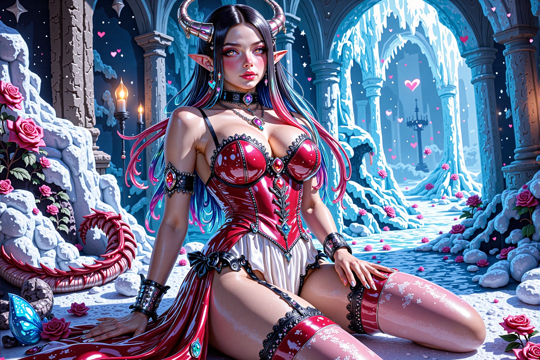 Scene: The Crimson Frost Dragon’s Hollow ((A girl half-body angle,  dynamic pose,  dramatic camera view and zoom on Tensor...