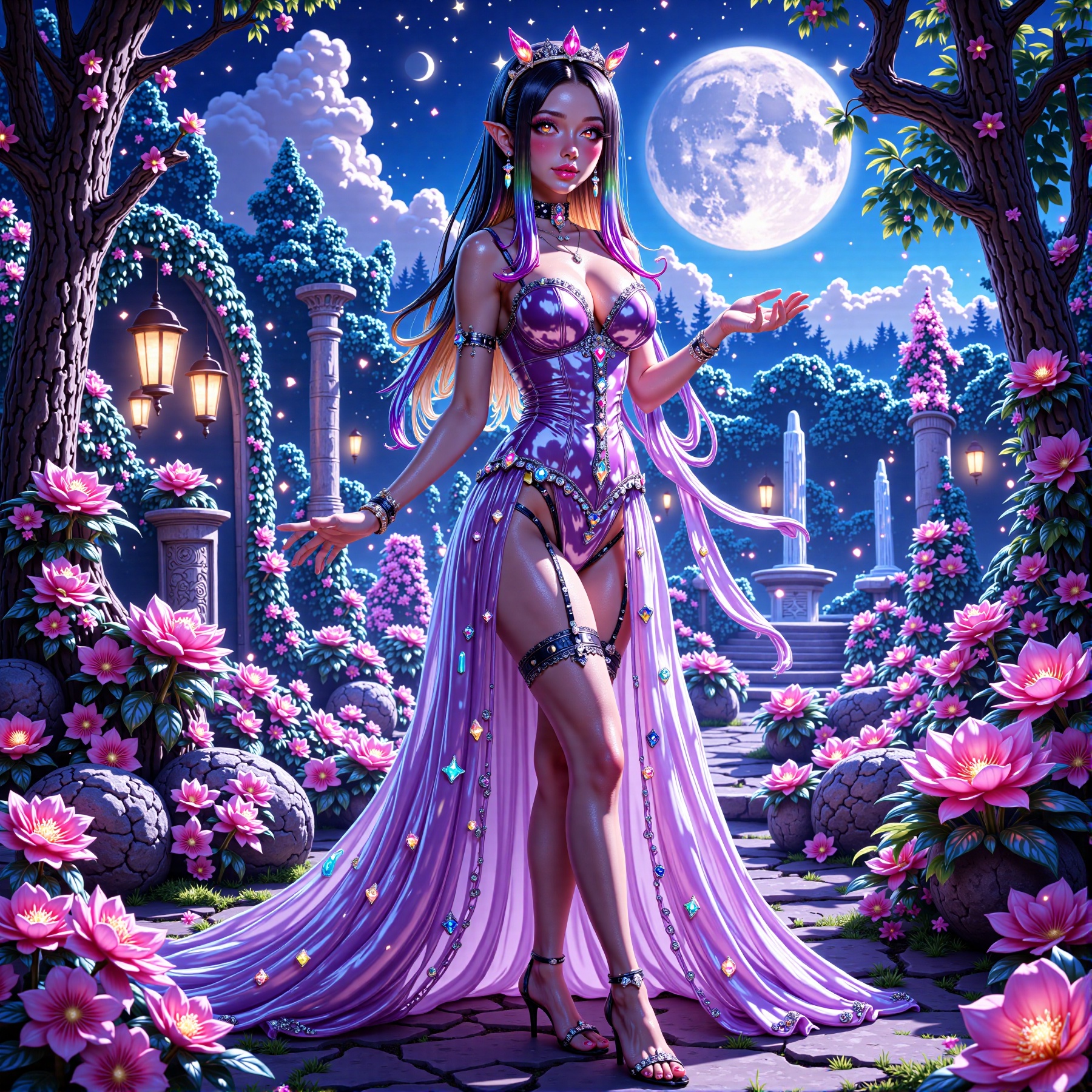 Scene: The Velvet Midnight Garden ((half body angle close up,  zoom in,  dynamic angle)) on Tensor.Art