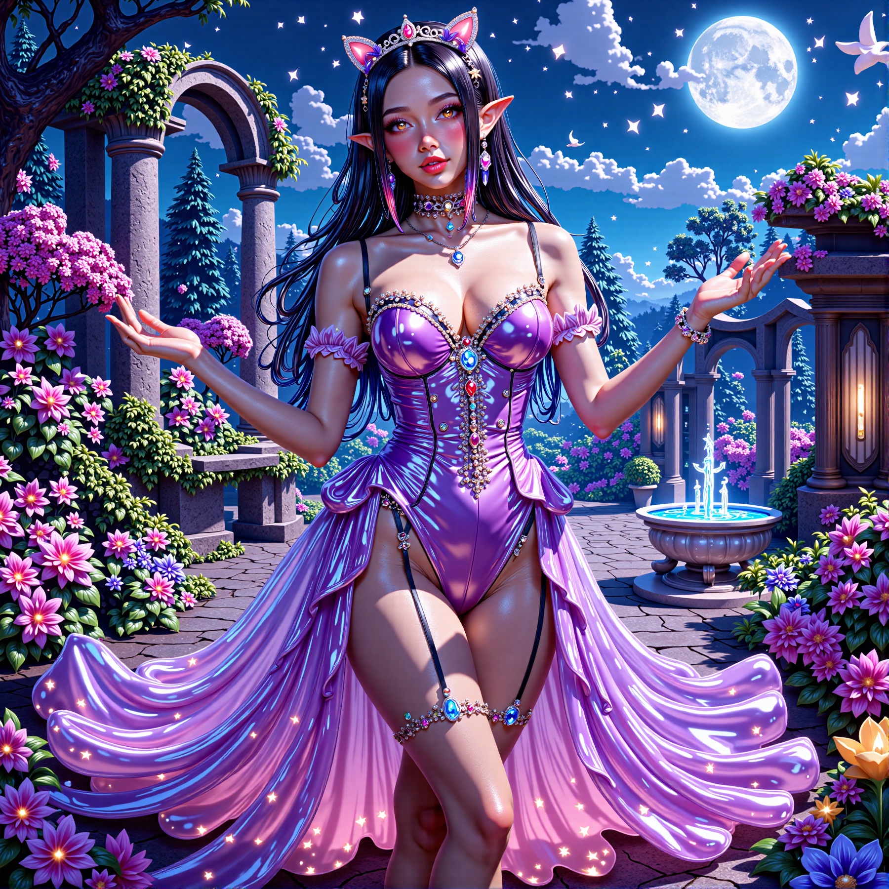 Scene: The Velvet Midnight Garden ((half body angle close up,  zoom in,  dynamic angle)) on Tensor.Art
