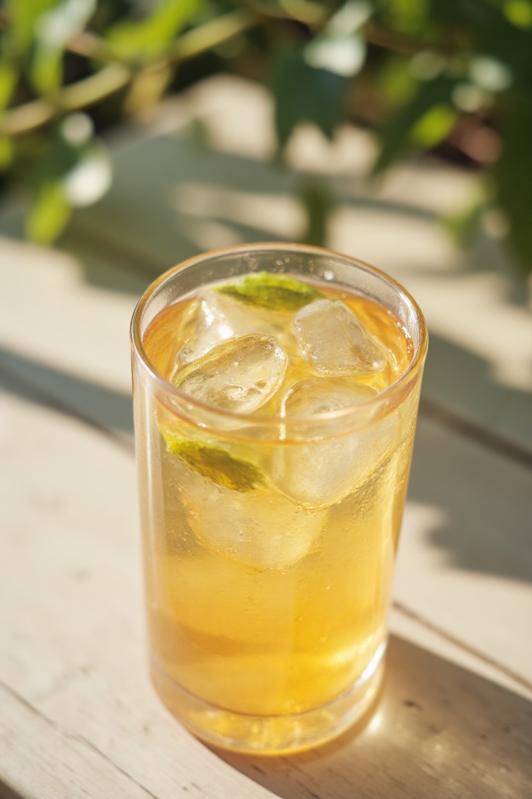 A refreshing glass of fresh fruit juice sits on a light-colored wooden table,  surrounded by lush greenery and soft focus...