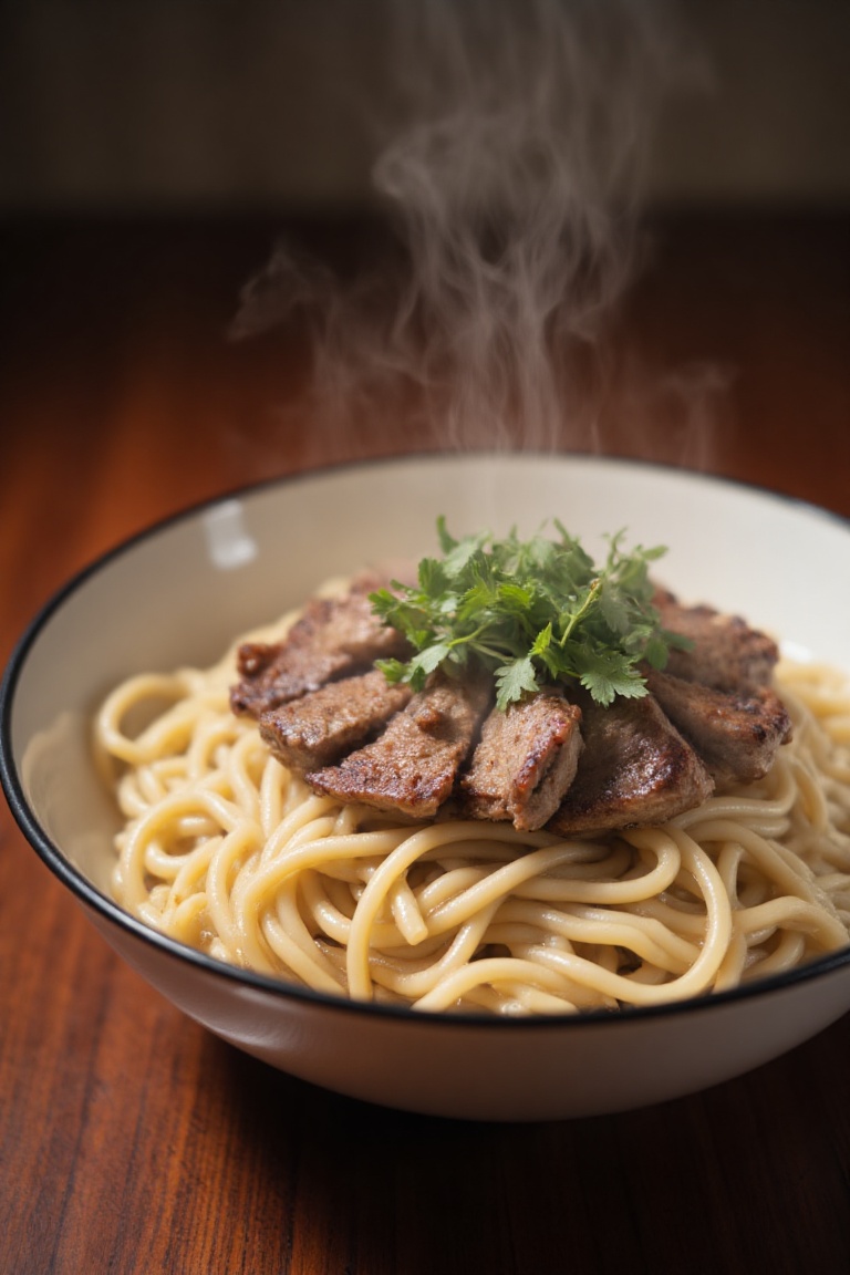A close-up shot of a steaming hot bowl of noodles,  topped with juicy slices of grilled meat,  set against a warm wooden b...