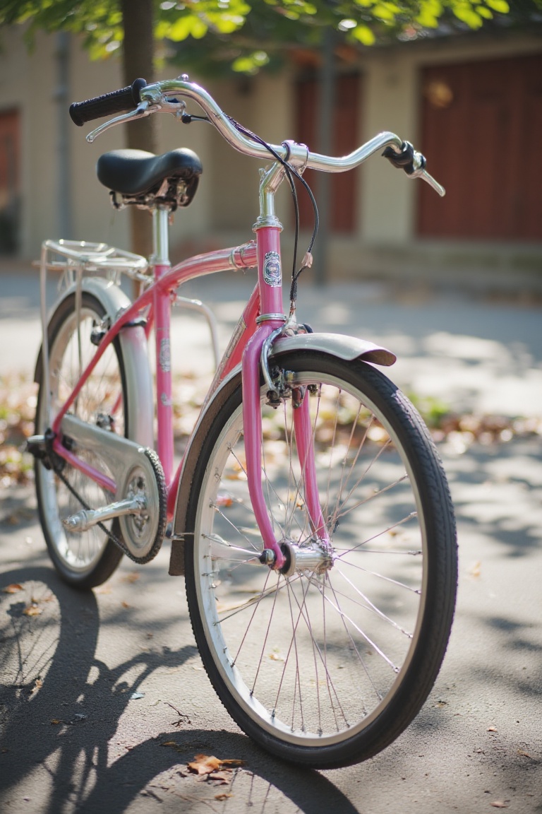 A sleek pink bicycle sits proudly parked on a sunny sidewalk,  its chrome handlebars glinting in the warm light. The vibra...