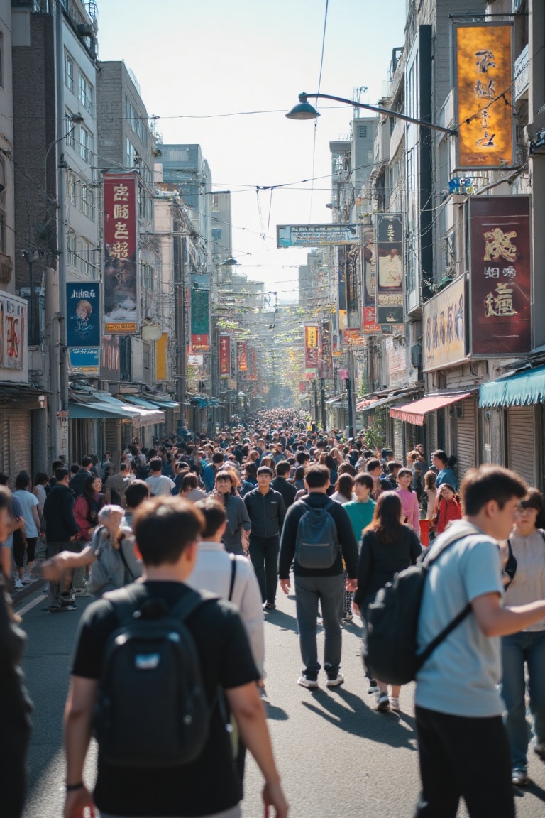 A fast-paced urban scene,  a bustling city street at peak hour,  with people of all ages and cultures rushing to and from...