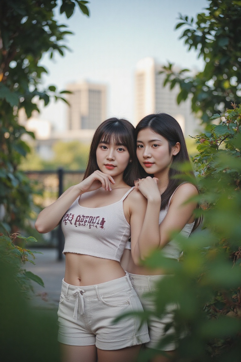 Snap a stylish moment of two Asian women,  dressed to impress in matching crop tops and shorts,  lounging on a sleek city...