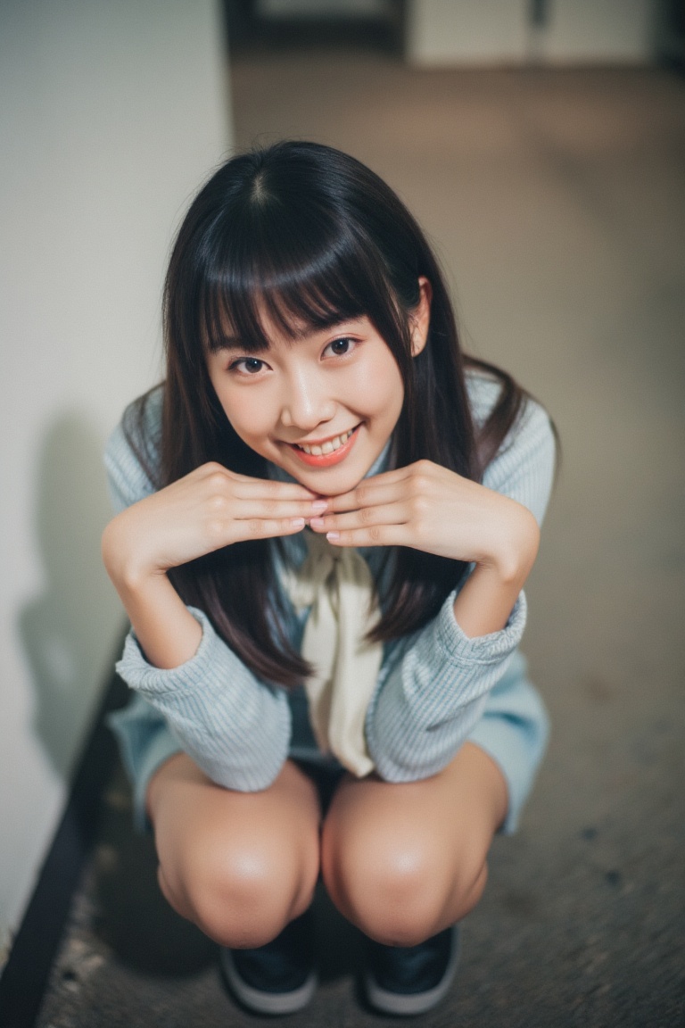 A warm and inviting portrait of a Japanese woman,  sporting her school uniform,  captured from a bird's eye view as she sq...