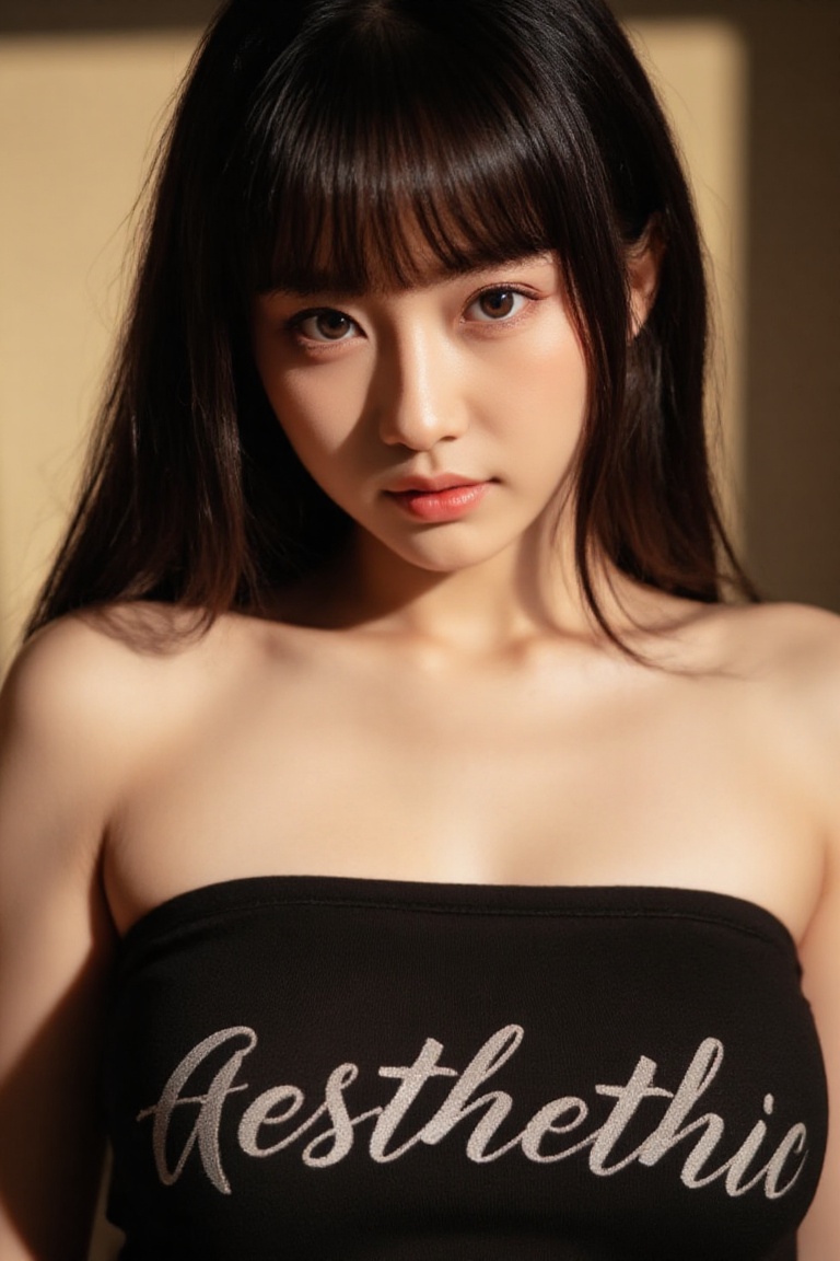 A close-up portrait of pale asian woman's face with bangs and circular glass,  her features framed by the soft curves of h...