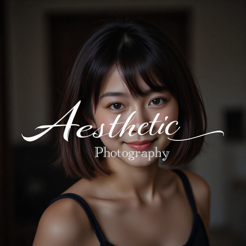curvature bold white text "Aesthetic Photography" displayed prominently on the center,  featuring close-up portrait face f...